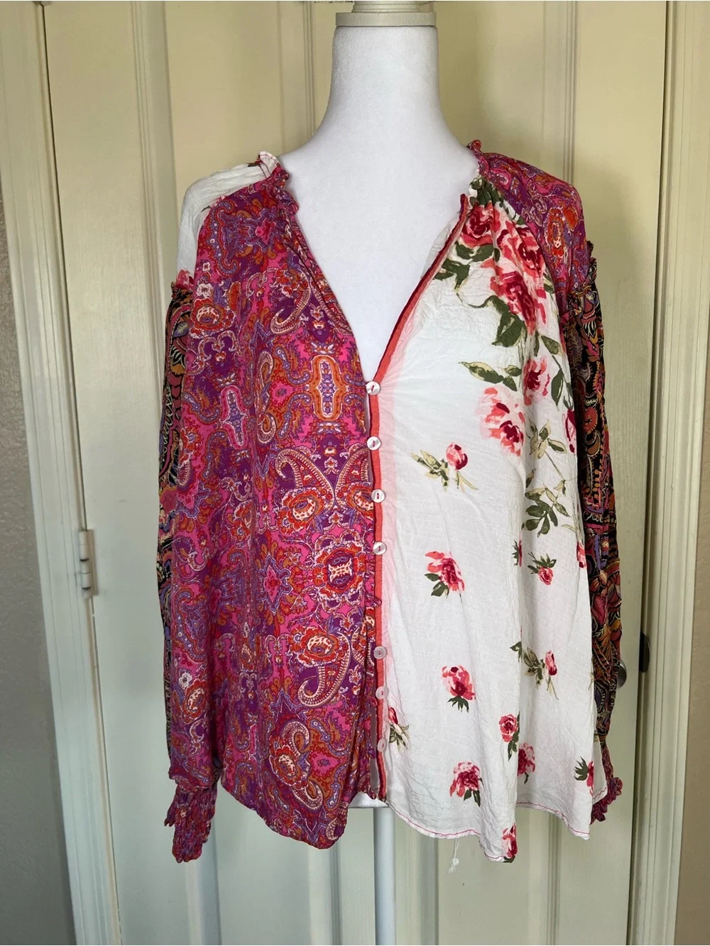 Free People Gemini Patchwork Floral Paisley Blouse Pink Boho Size L